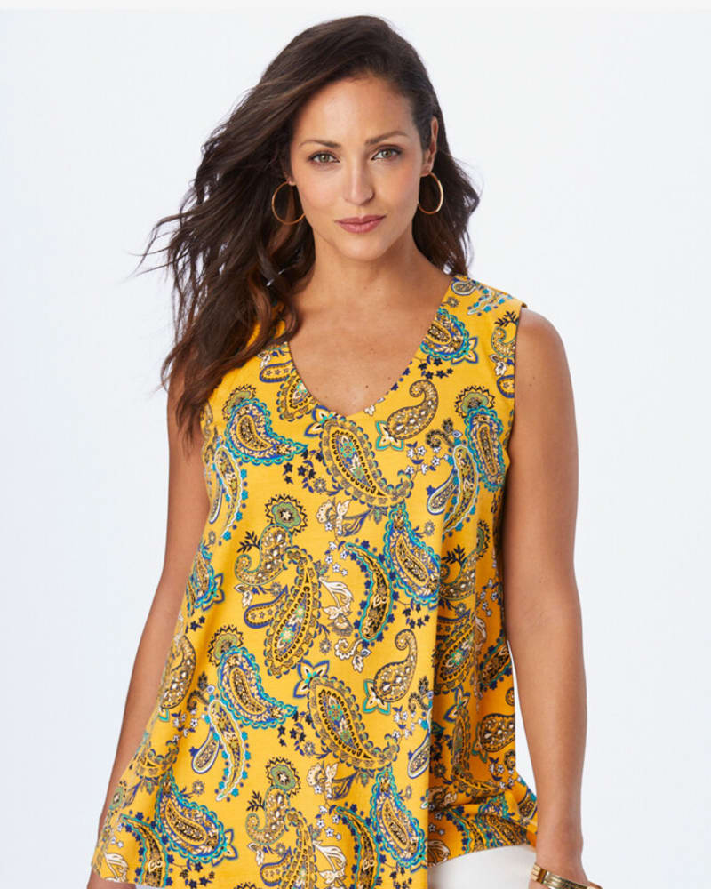 Front of a model wearing a size L Ashley Swing Tank in Yellow Playful Paisley by Jessica London. | dia_product_style_image_id:383615